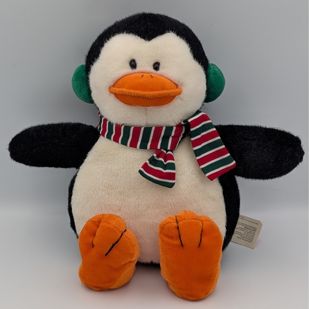 Russ Berrie Penguin Plush Weighted Bottom Earmuffs Scarf Stuffed Animal 13"